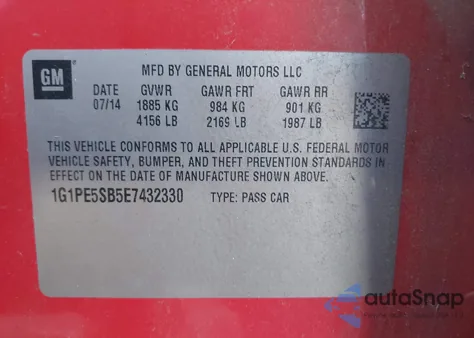 2014 Chevrolet Cruze 2Lt Auto from USA, damaged, VIN 1G1PE5SB5E7432330